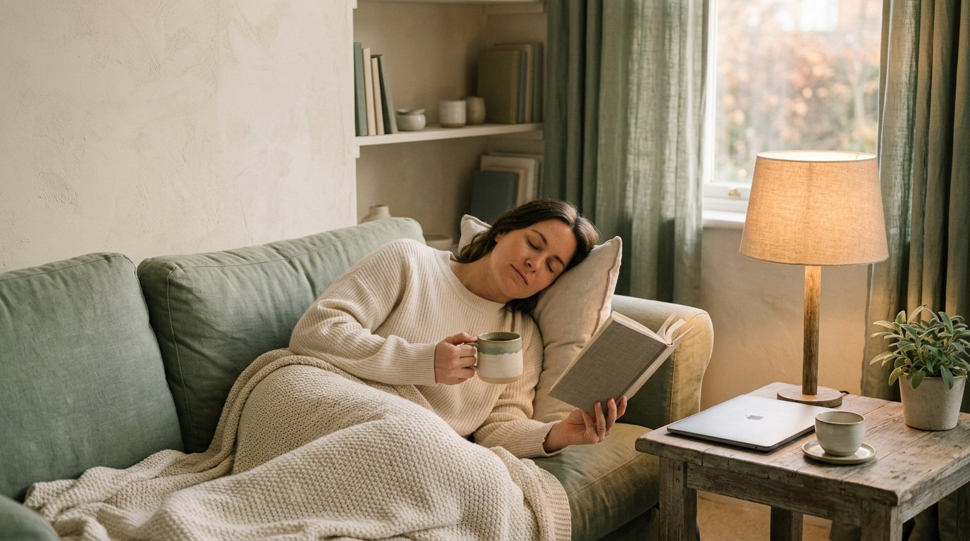 A woman lying on a sofa under a knitted blanket, holding a mug.