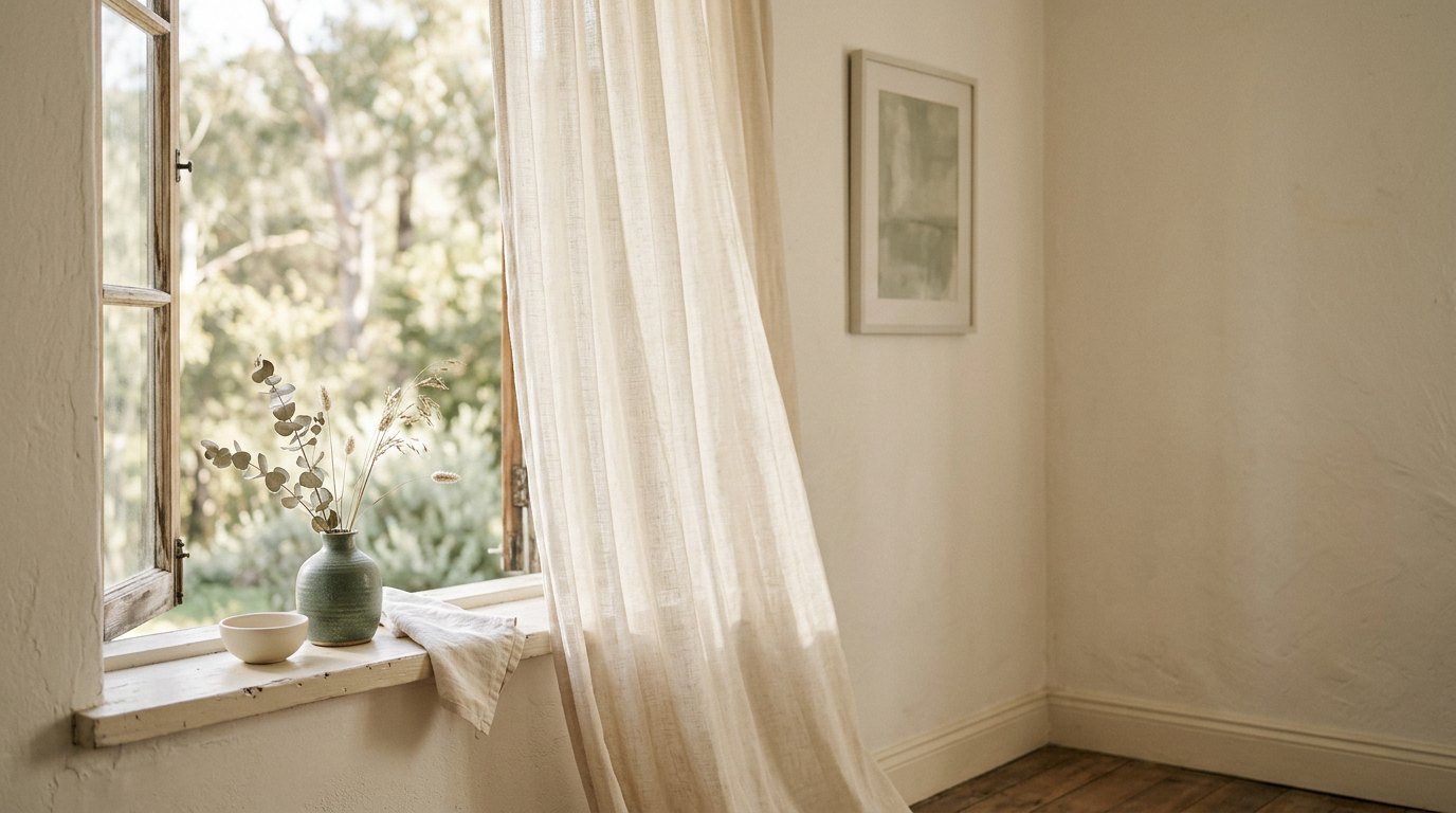 A green vase of dried eucalyptus on a sunlit windowsill beside a linen curtain.