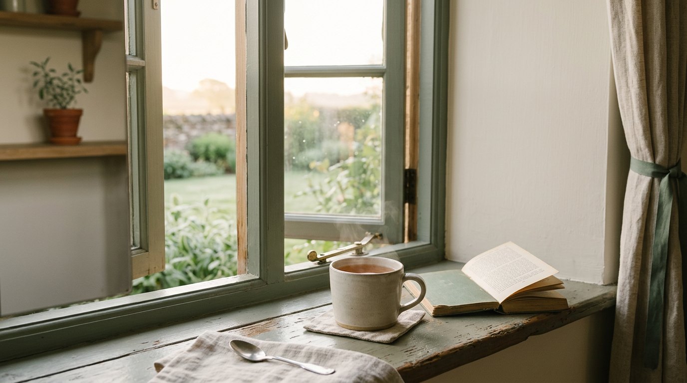 An open cottage window onto a garden at sunrise, with a mug and spoon on the sill.