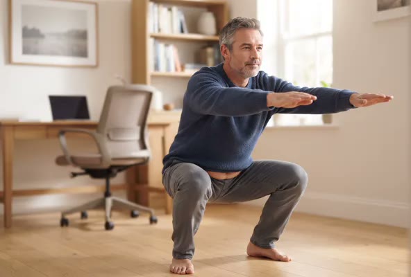 A man doing a bodyweight air squat in a home office, arms stretched out in front of him, desk and chair behind