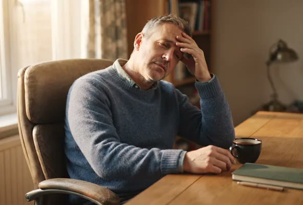 A man sitting at a home office desk in slanting afternoon sunlight, eyes half-closed and rubbing his forehead, a half-finished mug of tea beside him