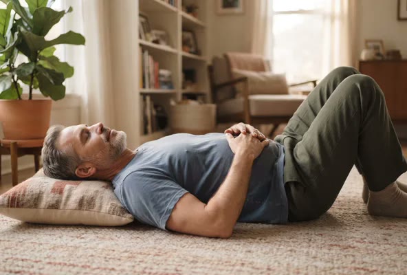 A man lying on his back on a living-room rug in soft afternoon light, eyes closed, hands resting on his belly, a cushion under his head