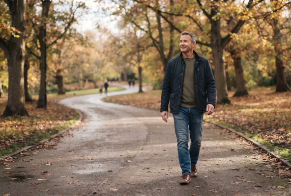A man walking slowly along a tree-lined park path on a mild autumn afternoon, relaxed and unhurried