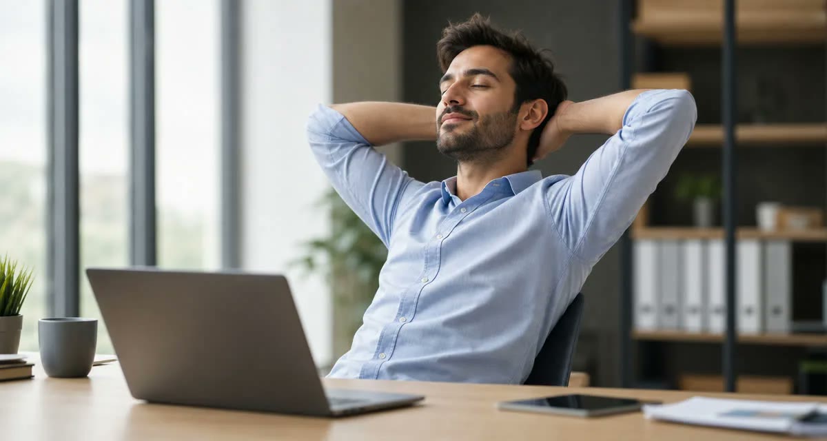 A relaxed office worker leans back at his desk with eyes closed, taking a calming breather between tasks
