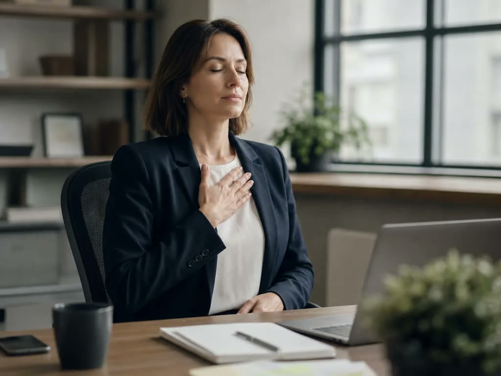 A professional woman sitting upright at her desk with eyes closed, one hand resting on her chest, pausing for a breathing exercise