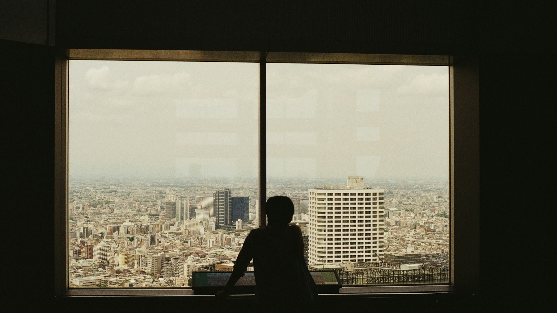 A person's calm silhouette gazing out over a lit-up city skyline at dusk, capturing a quiet moment of stillness amid modern urban life.