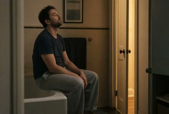 A tired father sitting on the edge of a bathtub for a brief quiet moment, bathroom door cracked open with warm hallway light