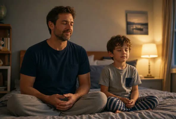 A father and his young son sitting together cross-legged on a bed in the evening, both with eyes closed and hands resting quietly in their laps