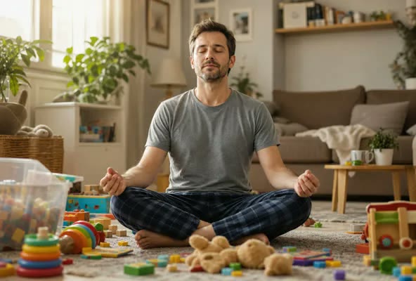 A father sitting cross-legged on a living room floor, eyes closed, meditating while children's toys are scattered around him on the rug
