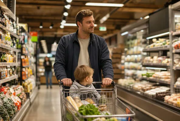 A father calmly walking down a supermarket aisle pushing a shopping cart with his young child