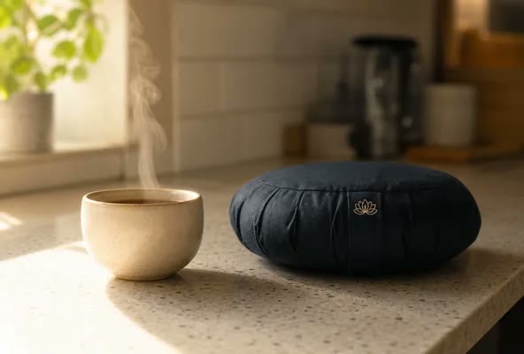 A steaming cup of tea on a kitchen counter next to a small folded meditation cushion, morning light