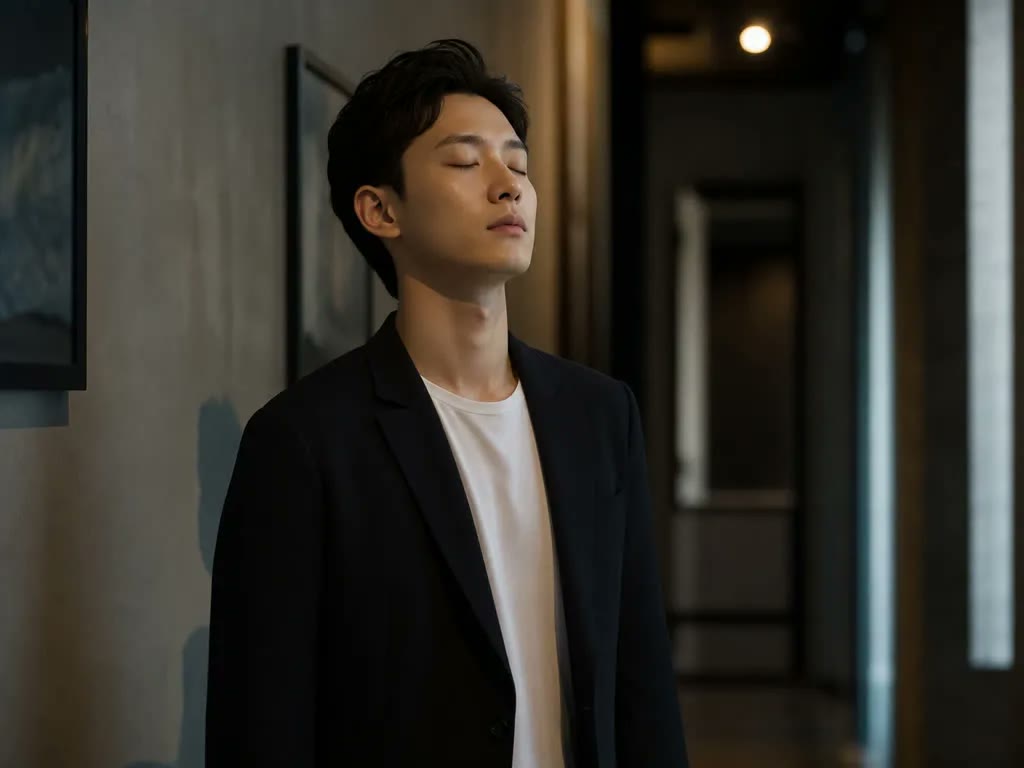 A person stands in a quiet hallway, eyes closed, taking one steadying breath before an important meeting