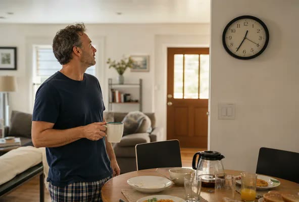 A man standing in a bright, tidy living room on a Saturday morning with breakfast dishes on the table, glancing at a wall clock while holding an untouched mug of tea