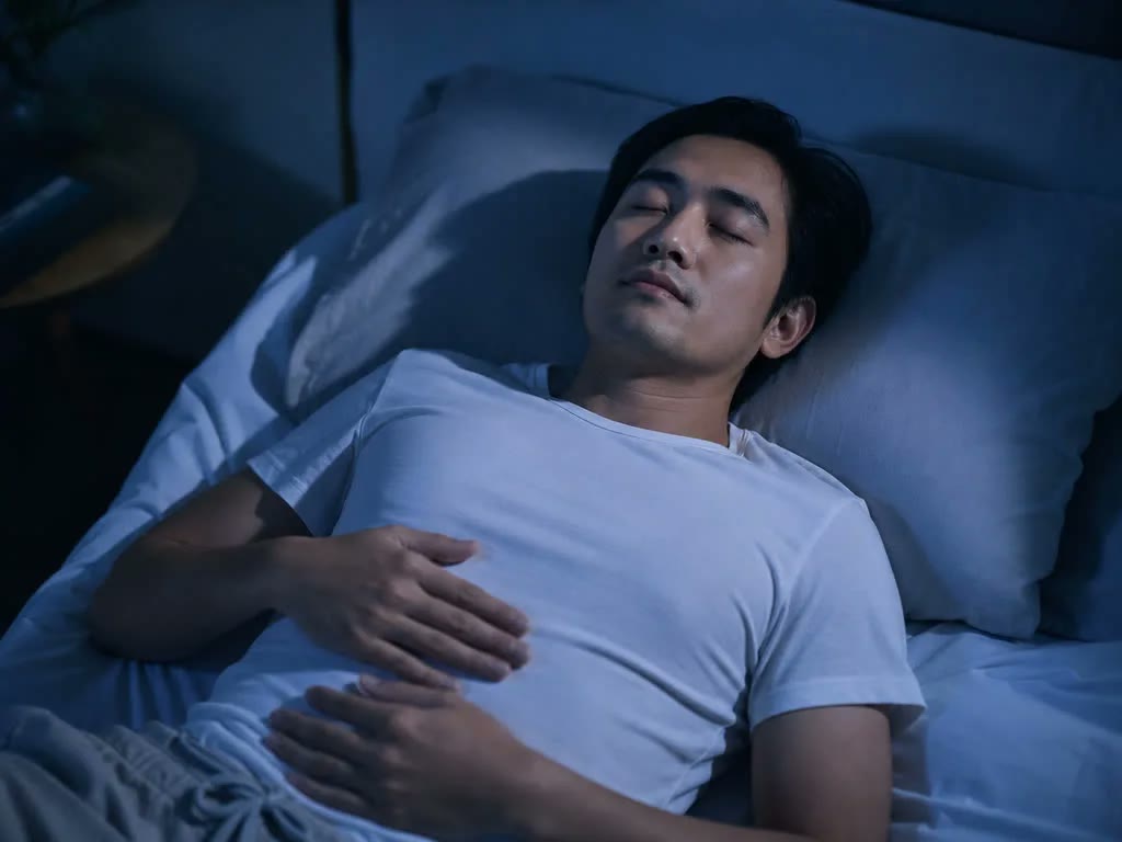 A person lies on their back in bed at night, eyes closed, hands resting calmly on their stomach in a relaxed body-scan pose