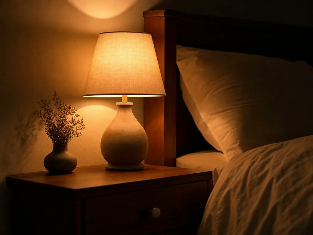 A bedside lamp casts soft shadows across a cozy, dimly lit bedroom at night